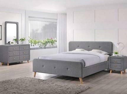 Pat tapitat cu somiera MALMO (160x200cm) material textil grey, picioare nuanta lemnului