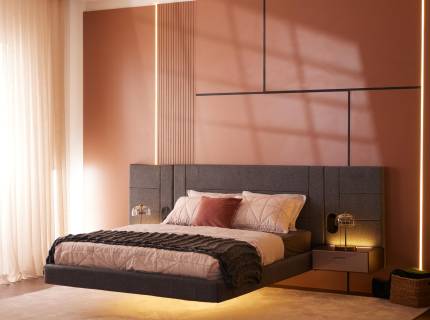 Pat tapitat cu somiera PEGASUS (180x200cm) cu iluminare LED și design modern, efect de plutire 