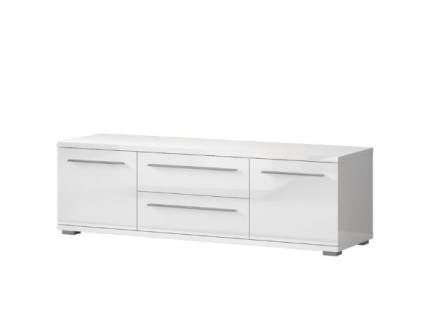Comoda TV cu 2 usi si 2 sertare PIANO WHITE 150x46x45cm alb lucios, manere si picioare crom