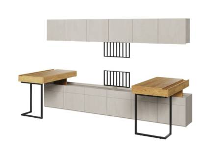 Set 2 birouri mici cu corpuri suspendate TEEN FLEX 06B 300x110x193cm cu 2 comode, suport pentru suspendat TV cu sistem de iluminare LED 