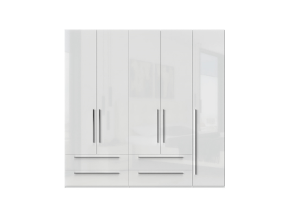 Dulap cu 5 usi cu balamale si 4 sertare PIANO WHITE 227x224x56cm alb lucios, maner crom