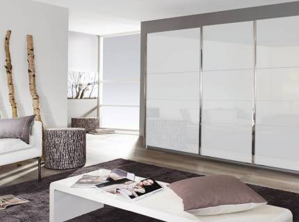 Dulap cu usi glisante KULMBACH 271x229x62cm alb alpin/ 3 usi sticla alba configurabil  