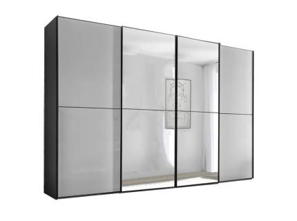 Dulap cu 4 usi glisante 400x240x68cm antracit mat/ sticla gri - oglinda, maner grafit model 44 SINFONIE PLUS 