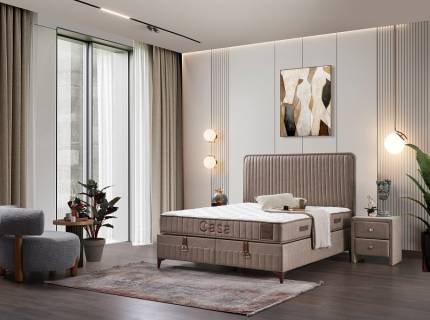 Pat tapitat cu saltea si spatiu pentru depozitare CASA (140x200cm) cappuccino 