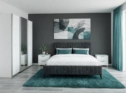 Set dormitor KULMBACH, ADITIO, MAGGIE SR cadru pat (180x200cm) catifea gri inchis, Kulmbach dulap 203x210x62cm alb alpin/oglinda, Aditio set 2 noptiere alb alpin