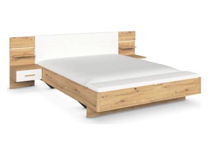 Cadru pat cu noptiere cu led incorporate MOSBACH (180x200cm) stejar Artisan/ alb alpin + ecopiele