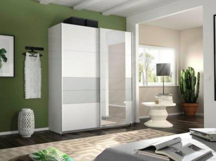 Dulap cu usi glisante BOSTON EXTRA 181x210x62cm alb alpin/ silk grey - oglinda, maner aluminiu