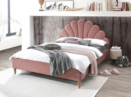 Pat tapitat cu somiera SANTANA VELVET (160x200cm) catifea somon pink, picioare nuanta lemnului